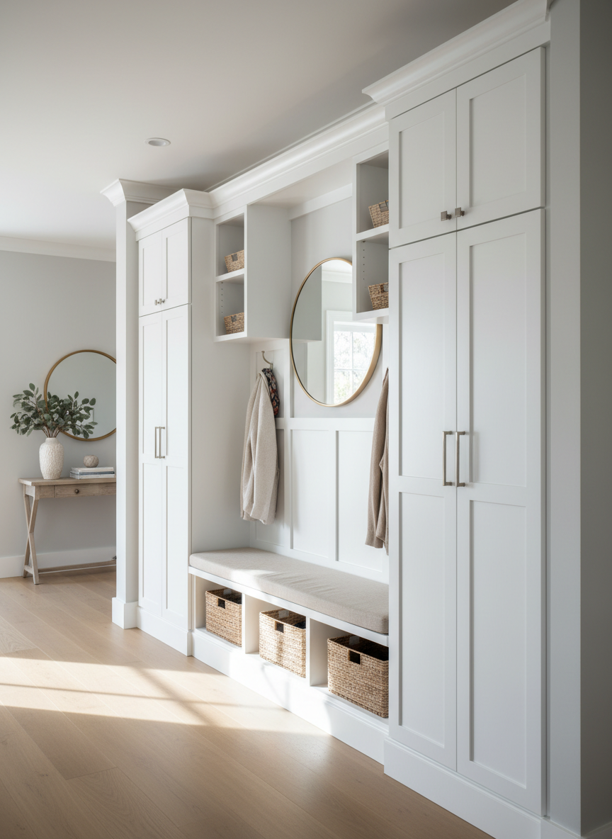 A bright, organized entryway featuring a freshly installed built-in white storage system with cubbies, hooks, and a bench, flawlessly aligned against a smooth painted wall. The cabinetry doors hang perfectly straight with even gaps, and the brushed metal hardware gleams subtly. Natural afternoon light streams in from an unseen side window, creating soft shadows that accentuate the crisp geometry and professional craftsmanship. Photographed in realistic detail from a slightly wide-angle eye-level perspective, the composition emphasizes vertical and horizontal lines, conveying precision and stability. The atmosphere feels orderly, welcoming, and high-end, ideal for illustrating expert home installation services in an upscale Westchester residence, with minimal, tastefully blurred decor in the background.