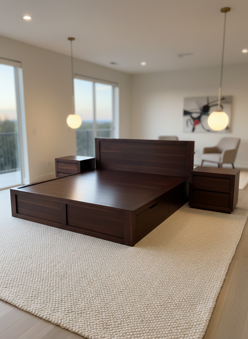 A spacious bedroom corner displaying a newly assembled dark wood platform bed with integrated drawers, perfectly centered on a light area rug. Matching bedside tables sit symmetrically on each side, their surfaces empty and pristine, showcasing clean lines and flawless alignment. Subtle warm pendant lighting from above combines with gentle evening window light, casting refined highlights along the wood grain and soft, controlled shadows beneath the furniture. Captured with photographic realism from a slightly elevated diagonal angle, the image emphasizes the geometry and craftsmanship of the furniture installation. The mood is serene, orderly, and luxurious, suggesting a professionally completed home setup where every piece is level, secure, and thoughtfully positioned, with the rest of the room softly out of focus.