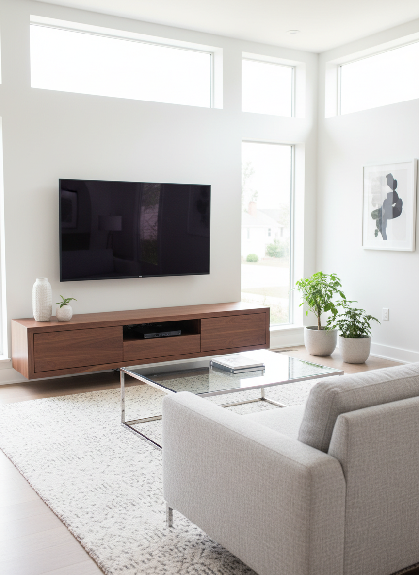 A meticulously assembled modern living room showcasing a sleek walnut TV console, low-profile fabric sofa, and glass-top coffee table perfectly aligned on a textured neutral rug. Every edge and surface appears flawlessly level and square, with hardware and cable management precisely organized. The scene is set in a bright Westchester home interior with large windows, soft natural daylight pouring in and creating gentle reflections on the furniture’s finishes. Shot at eye level with photographic realism, the composition follows the rule of thirds, keeping the room airy and uncluttered. The mood is professional, calm, and reassuring, conveying premium-quality furniture assembly and careful home setup, with a softly blurred background to emphasize the pristine installation work.