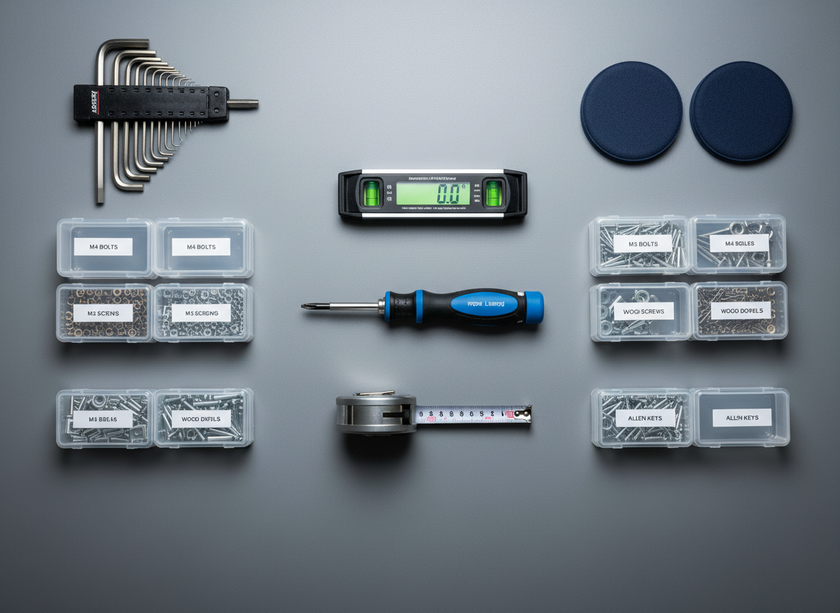 A detailed, photographic overhead shot of a carefully arranged tool layout on a clean workbench, representing professional assembly readiness. High-quality tools—torque-limited screwdriver, hex key set, neatly labeled hardware containers, measuring tape, digital level, and soft protective pads—are arranged with precise spacing on a matte gray surface. Cool, even workshop lighting from above eliminates harsh shadows, making every edge and label crisp and legible. The composition uses symmetrical balance and sharp focus across the entire frame, creating an impression of technical expertise and meticulous organization. The mood is competent, reliable, and professional, reinforcing the idea of premium, well-prepared furniture assembly and installation services without showing any hands or people, in a clean, modern photographic style.