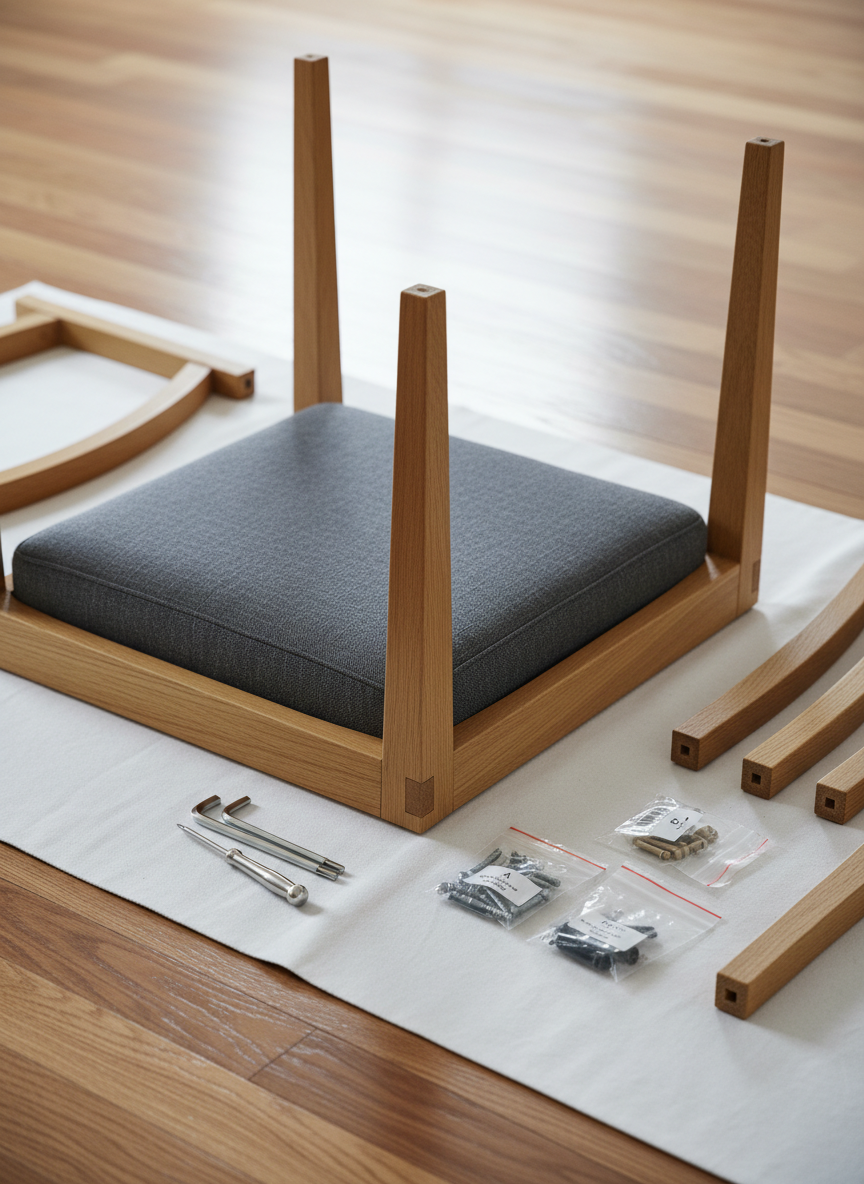 A close-up, photographic view of a partially assembled high-end wooden dining chair lying on a clean, white protective mat atop polished hardwood floors. The chair’s rich oak legs, upholstered seat, and precision-cut components are neatly laid out, each piece aligned next to clearly visible labeled fasteners and tools. Diffused overhead lighting casts soft, even illumination with minimal shadows, emphasizing the crisp edges and flawless finishes. The framing is slightly elevated, focusing sharply on the joints and connection points, while the background gently fades into bokeh. The mood is methodical, organized, and trustworthy, highlighting the detailed, step-by-step care involved in premium furniture assembly without any clutter or human presence, in a clean, modern aesthetic.